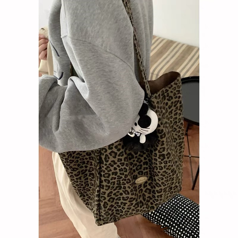 Ženska torba od platna s leopard printom, velika kapaciteta, dvostruki kaiševi, vertikalni kvadratni oblik, otvoreni džep, podstava od poliestera