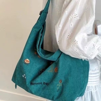 Corduroy tote torba s izvezenim, horizontalni kvadratni oblik, zatvarač na zip, podstava od poliestera