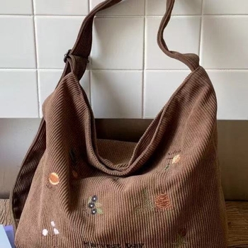 Corduroy tote torba s izvezenim, horizontalni kvadratni oblik, zatvarač na zip, podstava od poliestera