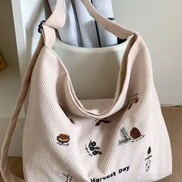 Corduroy tote torba s izvezenim, horizontalni kvadratni oblik, zatvarač na zip, podstava od poliestera
