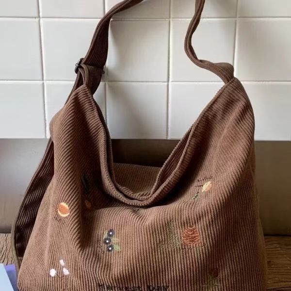 Corduroy tote torba s izvezenim, horizontalni kvadratni oblik, zatvarač na zip, podstava od poliestera