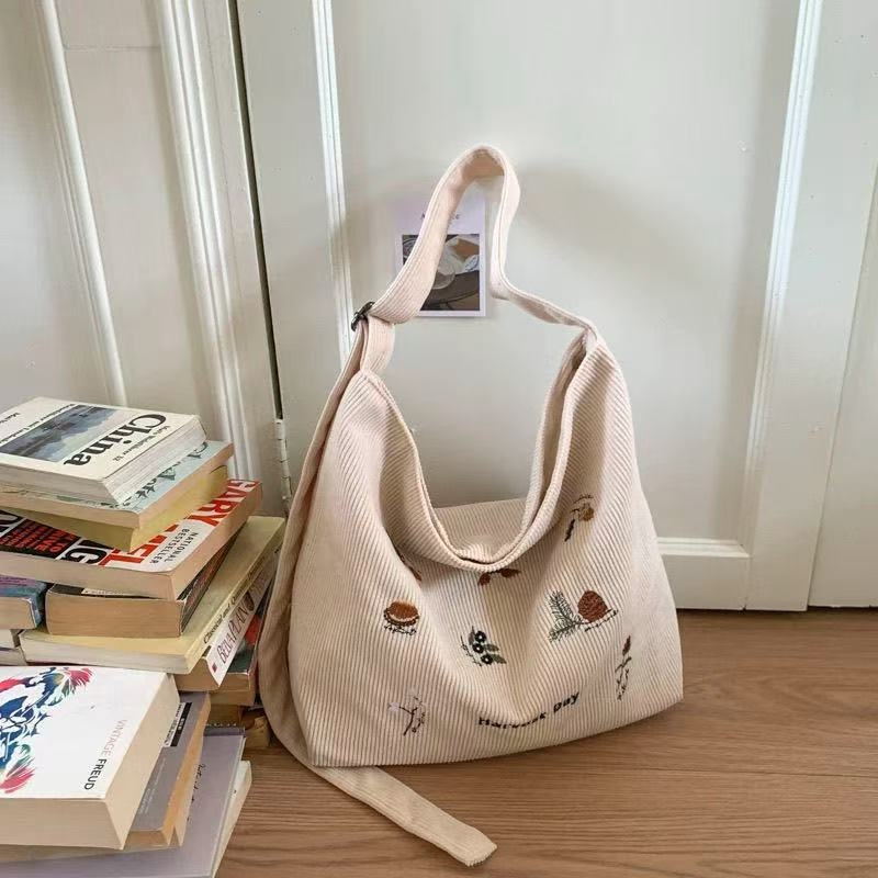 Corduroy tote torba s izvezenim, horizontalni kvadratni oblik, zatvarač na zip, podstava od poliestera