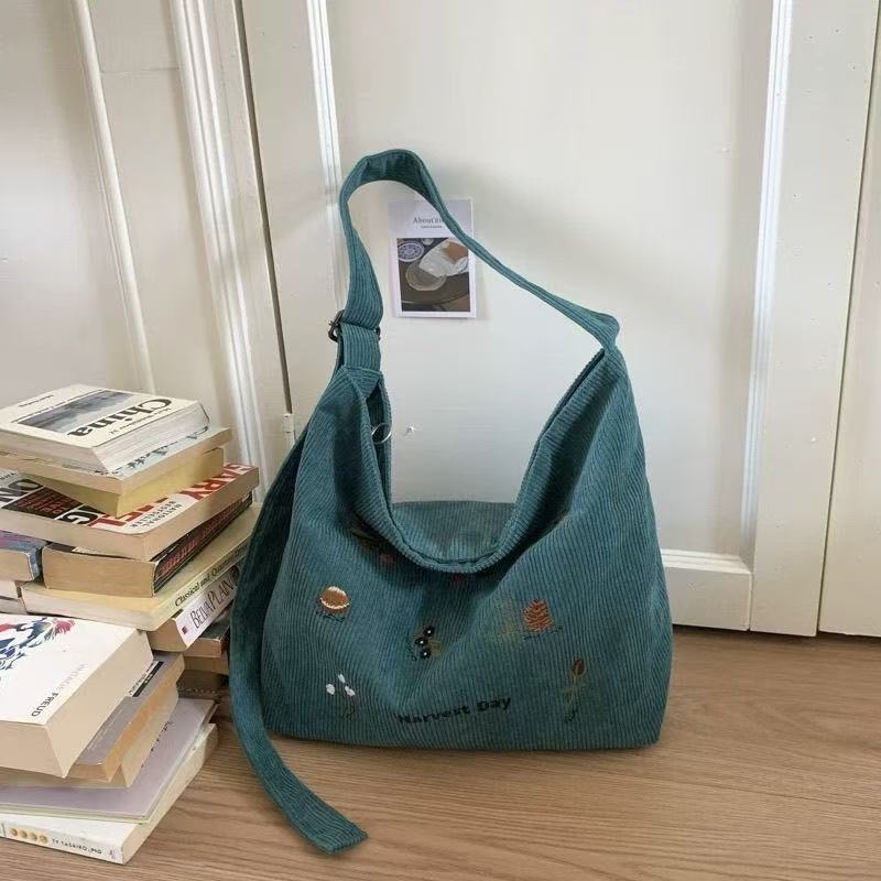 Corduroy tote torba s izvezenim, horizontalni kvadratni oblik, zatvarač na zip, podstava od poliestera
