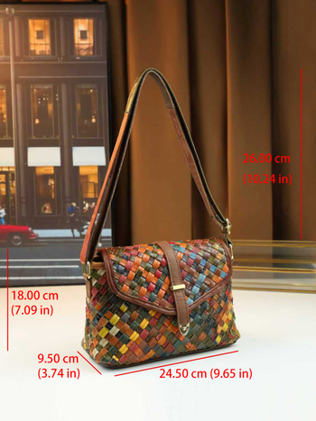 Ženska kožna crossbody torba, pletena, horizontalno kvadratnog oblika, magnetsko zatvaranje, unutarnji džep sa zipom i džep za dokumente, jedna naramenica, jesen 2025