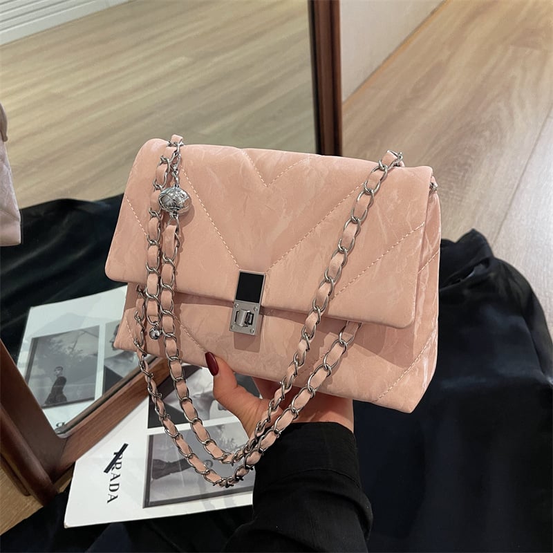 Чанта Diamond Chain за жени, PU през рамо, хоризонтална квадратна форма, закопчаване с патент, вътрешен джоб с цип, вътрешен слой