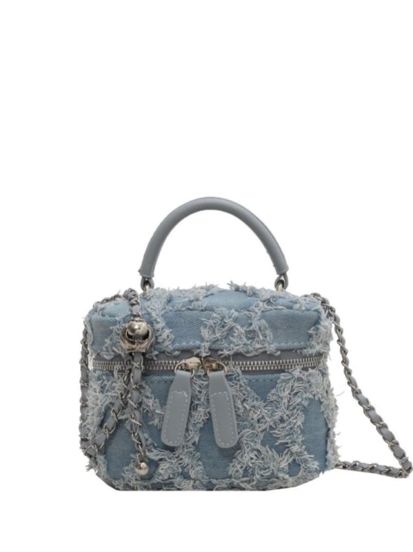 Ženska denim bucket torba, urban minimalistički stil, mali kvadratni dizajn, zatvaranje na zip