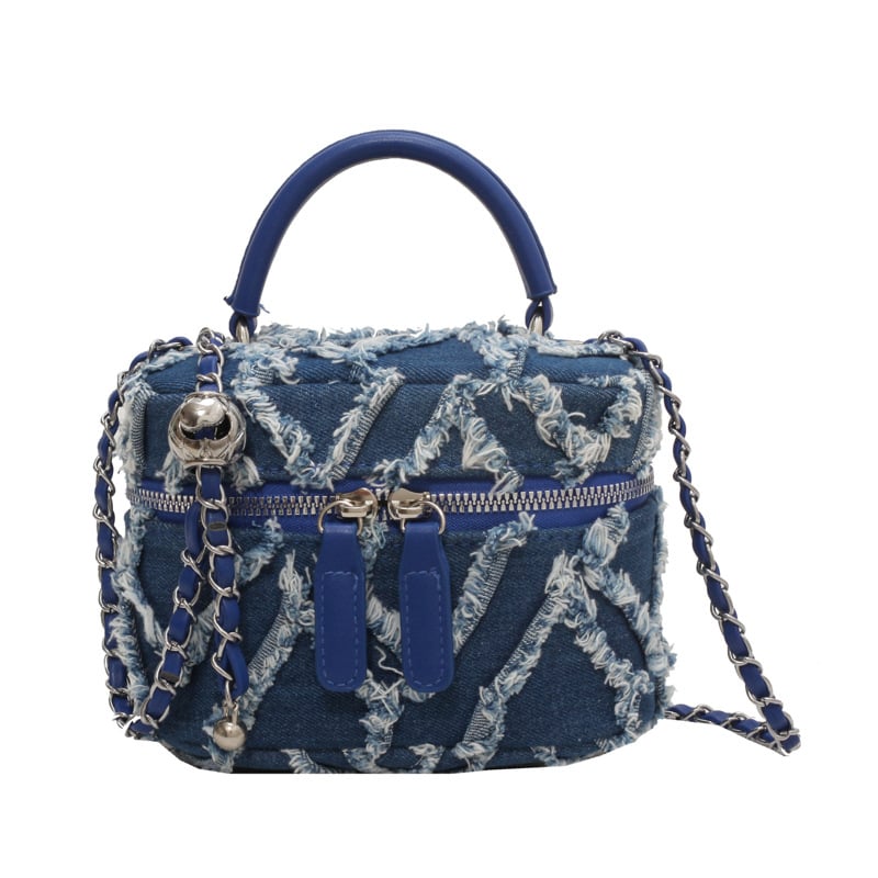 Ženska denim bucket torba, urban minimalistički stil, mali kvadratni dizajn, zatvaranje na zip