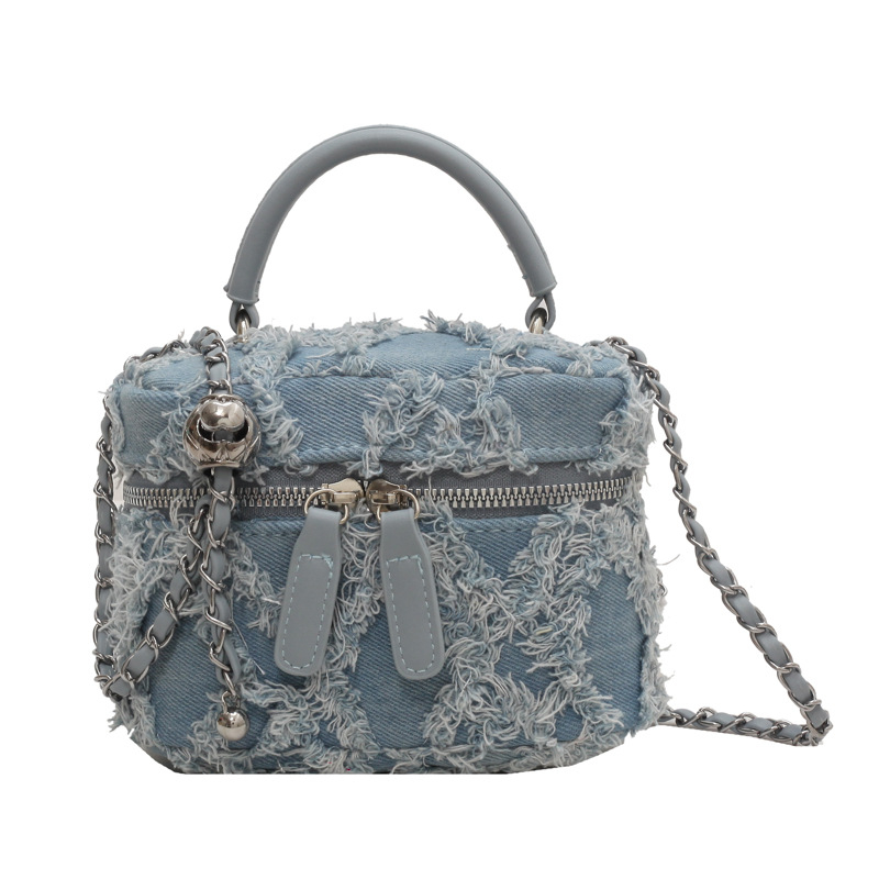 Ženska denim bucket torba, urban minimalistički stil, mali kvadratni dizajn, zatvaranje na zip