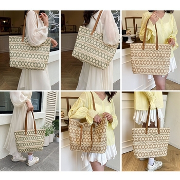 Torba za ramena od slame s prorezanim uzorkom, horizontalni kvadratni oblik, zatvaranje na zip, podstava od poliestera, dvostruke naramenice