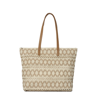 Torba za ramena od slame s prorezanim uzorkom, horizontalni kvadratni oblik, zatvaranje na zip, podstava od poliestera, dvostruke naramenice