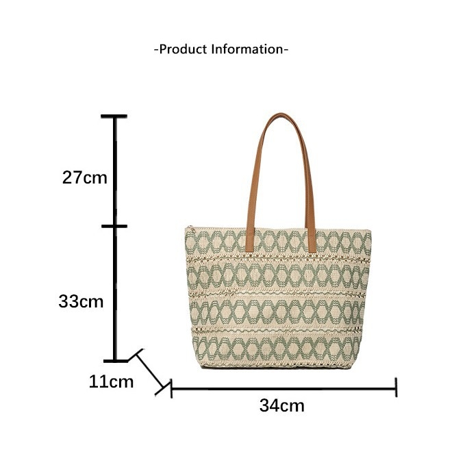 Torba za ramena od slame s prorezanim uzorkom, horizontalni kvadratni oblik, zatvaranje na zip, podstava od poliestera, dvostruke naramenice