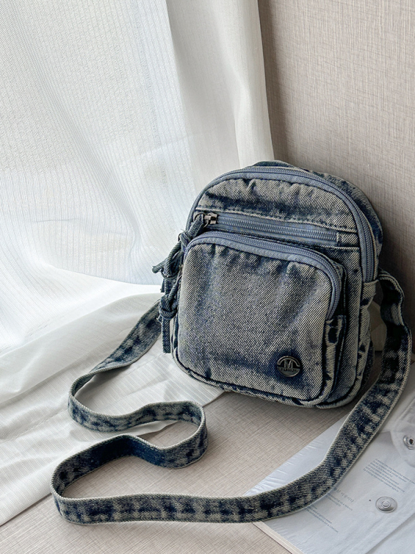 Denim torba za rame u obliku košare sa zipom, mala kvadratna crossbody za telefon, podstava od poliesterja