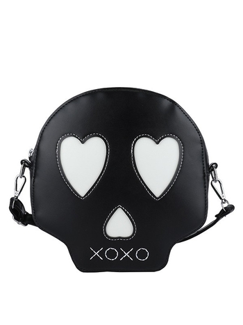 Okrugla PU crossbody torbica sa motivom lubanje, najlonska podstava, zatvarač, jedna naramenica