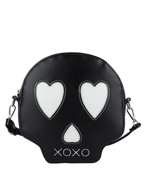 Okrugla PU crossbody torbica sa motivom lubanje, najlonska podstava, zatvarač, jedna naramenica