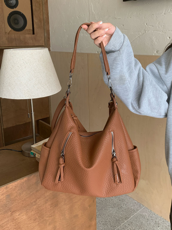 Geantă tote pentru femei în stil street, material PU, formă orizontală pătrată, închidere cu fermoar, buzunar interior cu fermoar