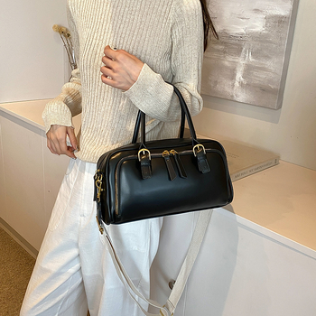 Geantă de umăr din PU, capacitate mare, stil urban simplu, formă orizontală pătrată, fermoar, buzunare interne pentru telefon și buletin, curea cu o singură curea