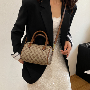 Geantă Boston pentru femei din piele PU, formă cilindrică, închidere cu fermoar, buzunar interior cu fermoar, căptușeală poliesterică