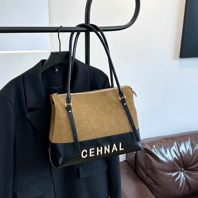 Geantă de umăr pentru femei, piele PU, formă orizontal pătrată, închidere cu fermoar, căptușeală poliester, curea dublă