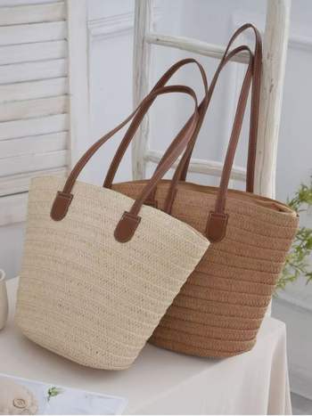 Geantă de umăr din pai Shengkun, stil urban simplu, design pătrat mic, bretele duble, capacitate mare pentru utilizare zilnică