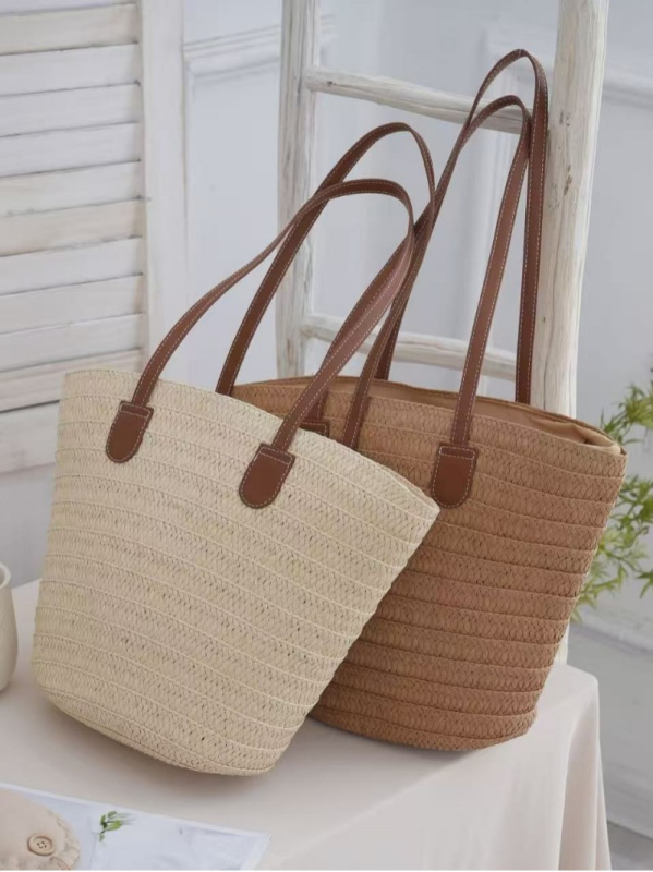 Geantă de umăr din pai Shengkun, stil urban simplu, design pătrat mic, bretele duble, capacitate mare pentru utilizare zilnică