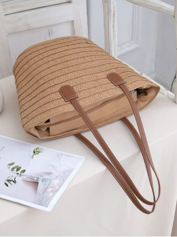 Geantă de umăr din pai Shengkun, stil urban simplu, design pătrat mic, bretele duble, capacitate mare pentru utilizare zilnică