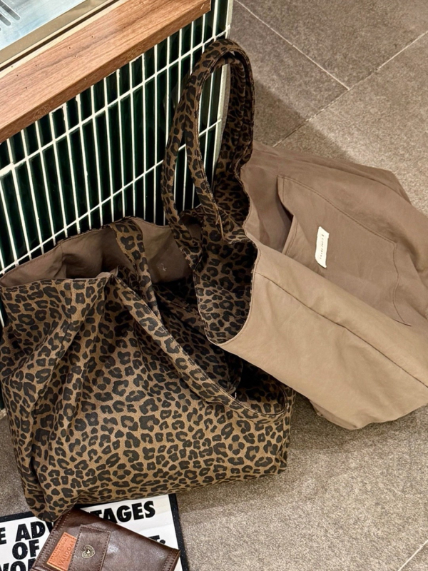 Ženska tote torba s leopardim uzorkom, dvostranska platnena torba, otvoreni vrh, džep za telefon, dvostruke ručke