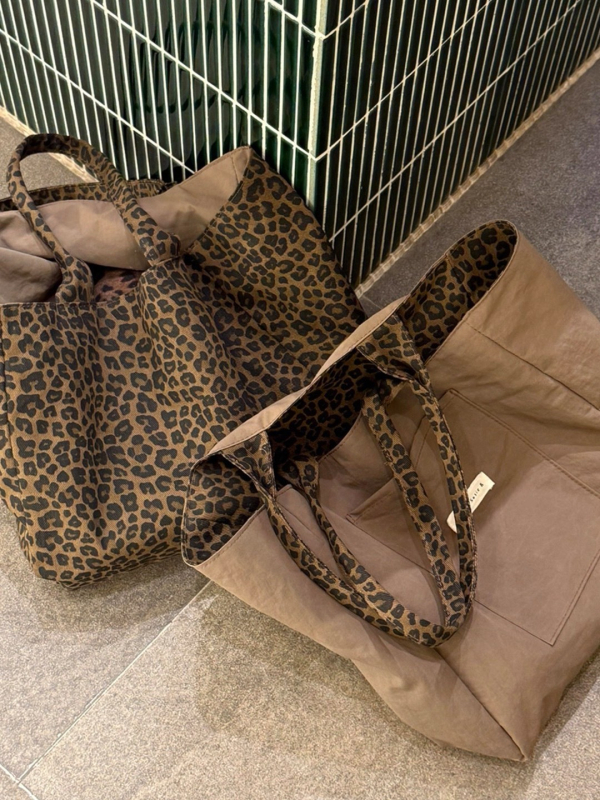 Ženska tote torba s leopardim uzorkom, dvostranska platnena torba, otvoreni vrh, džep za telefon, dvostruke ručke