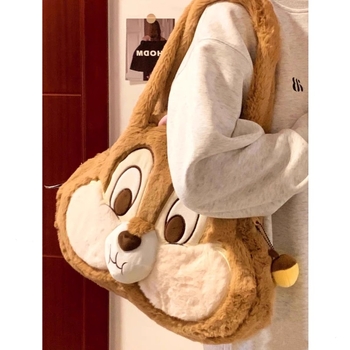 Geantă tote din pluș, formă rotundă, închidere cu fermoar, căptușeală poliester, buzunar cu fermoar