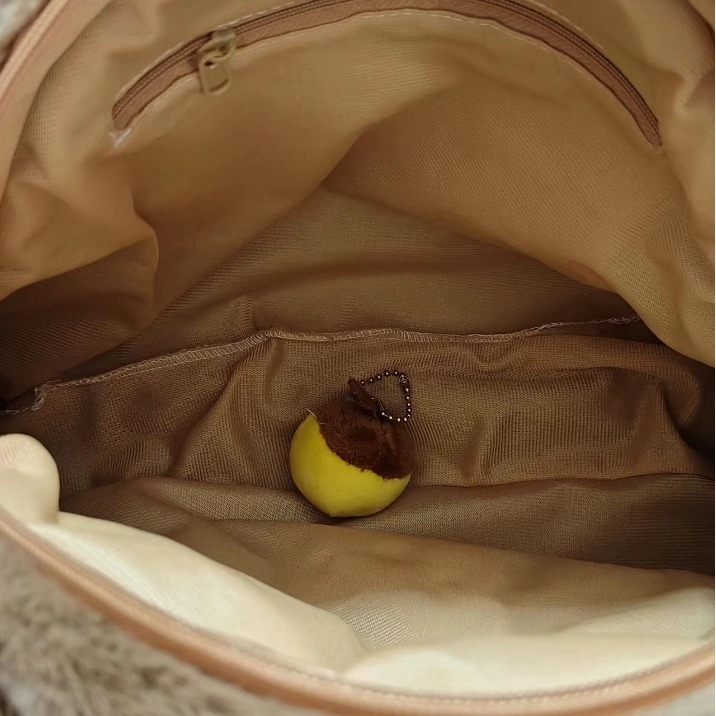 Geantă tote din pluș, formă rotundă, închidere cu fermoar, căptușeală poliester, buzunar cu fermoar