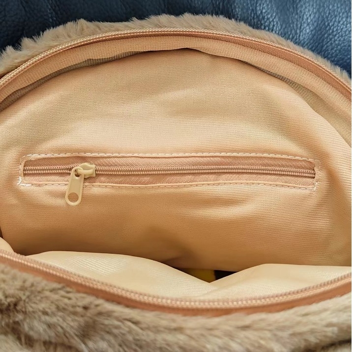 Geantă tote din pluș, formă rotundă, închidere cu fermoar, căptușeală poliester, buzunar cu fermoar