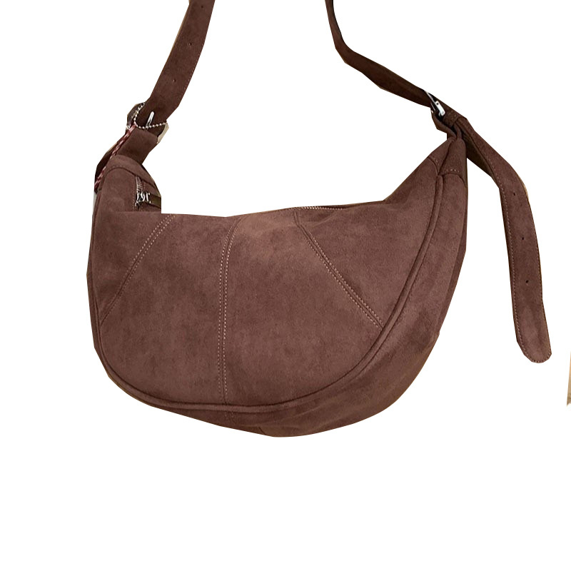 Ženska suede crossbody torbica, dumpling oblik, gradski minimalistički stil, zatvaranje na zip, poliester podstava
