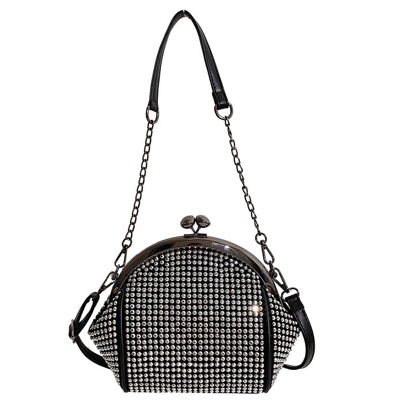 Genți de umăr pentru femei cu cristale, PU material, formă orizontală pătrată, închidere cu lacăt, căptușeală din poliester, buzunar pentru telefon