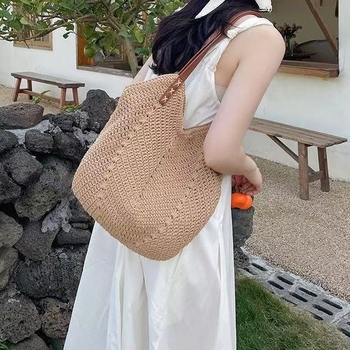 Geantă de plajă din sfoară de bumbac, stil casual, geantă Tote, formă verticală pătrată, fermoar, buzunar interior pentru telefon