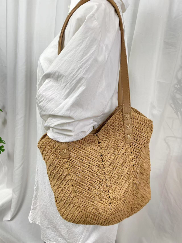 Geantă de plajă din sfoară de bumbac, stil casual, geantă Tote, formă verticală pătrată, fermoar, buzunar interior pentru telefon