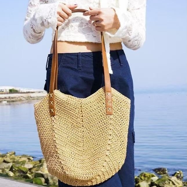 Geantă de plajă din sfoară de bumbac, stil casual, geantă Tote, formă verticală pătrată, fermoar, buzunar interior pentru telefon