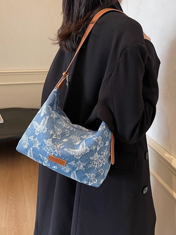 Női denim kézitáska hímzett pillangóval, utcai stílus, válltáska dumpling alakban, cipzáras zárás, belső poliészter