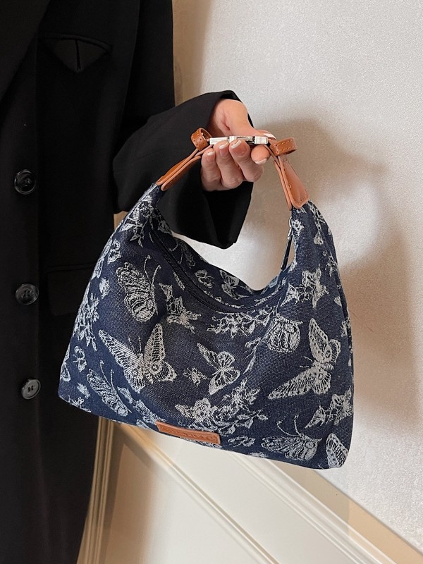 Női denim kézitáska hímzett pillangóval, utcai stílus, válltáska dumpling alakban, cipzáras zárás, belső poliészter