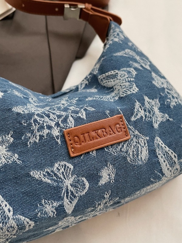 Női denim kézitáska hímzett pillangóval, utcai stílus, válltáska dumpling alakban, cipzáras zárás, belső poliészter