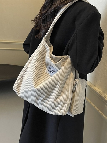 Corduroy tote torba, street trend stil, vertikalni kvadratni oblik, magnetska kopča, unutarnji džep s zipom i ID džep, poliesterska podstava