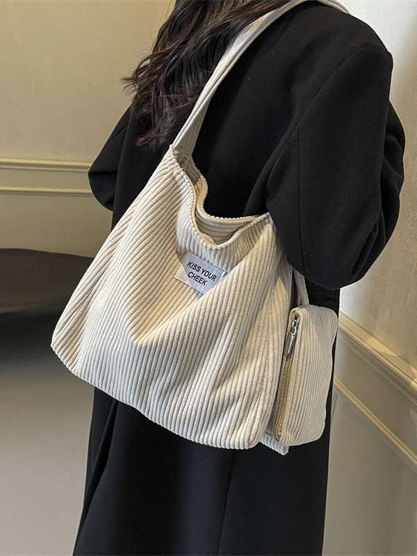 Corduroy tote torba, street trend stil, vertikalni kvadratni oblik, magnetska kopča, unutarnji džep s zipom i ID džep, poliesterska podstava