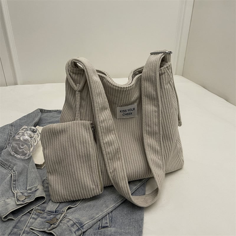 Corduroy tote torba, street trend stil, vertikalni kvadratni oblik, magnetska kopča, unutarnji džep s zipom i ID džep, poliesterska podstava