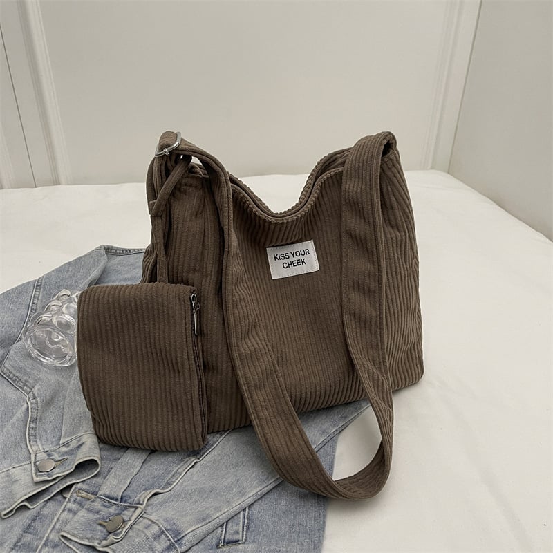 Corduroy tote torba, street trend stil, vertikalni kvadratni oblik, magnetska kopča, unutarnji džep s zipom i ID džep, poliesterska podstava