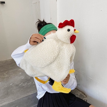 Válltáska plüss kakas motívummal, gyapjú anyag, idegen alakú forma, cipzáras záródás, belső cipzáras zseb