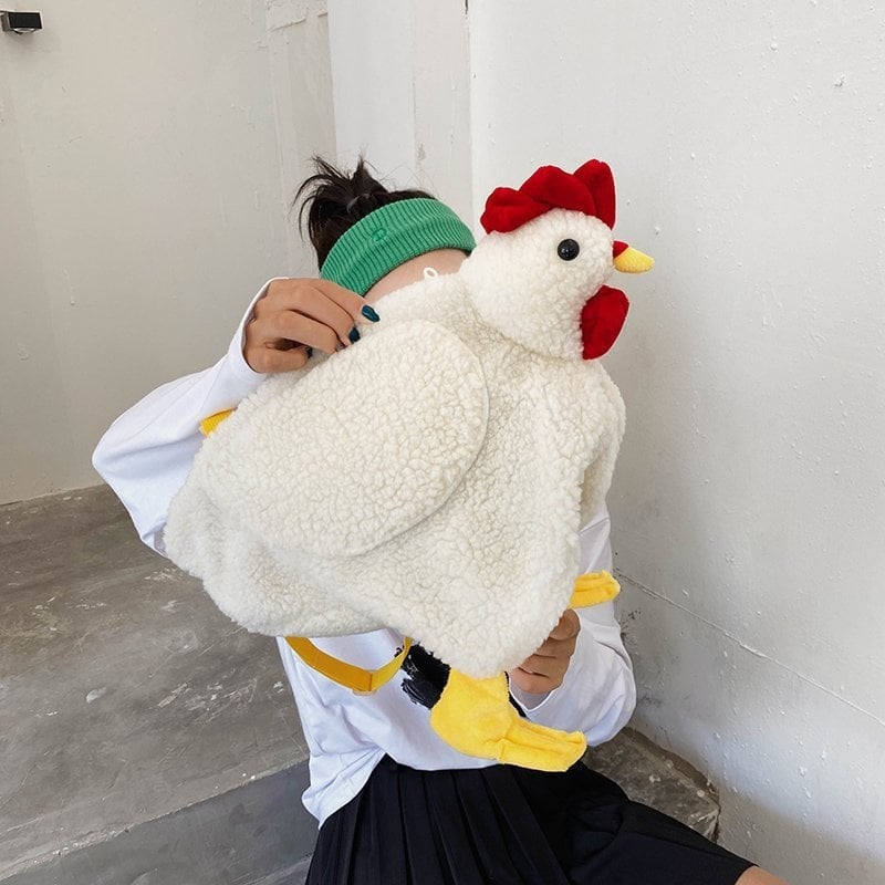 Válltáska plüss kakas motívummal, gyapjú anyag, idegen alakú forma, cipzáras záródás, belső cipzáras zseb