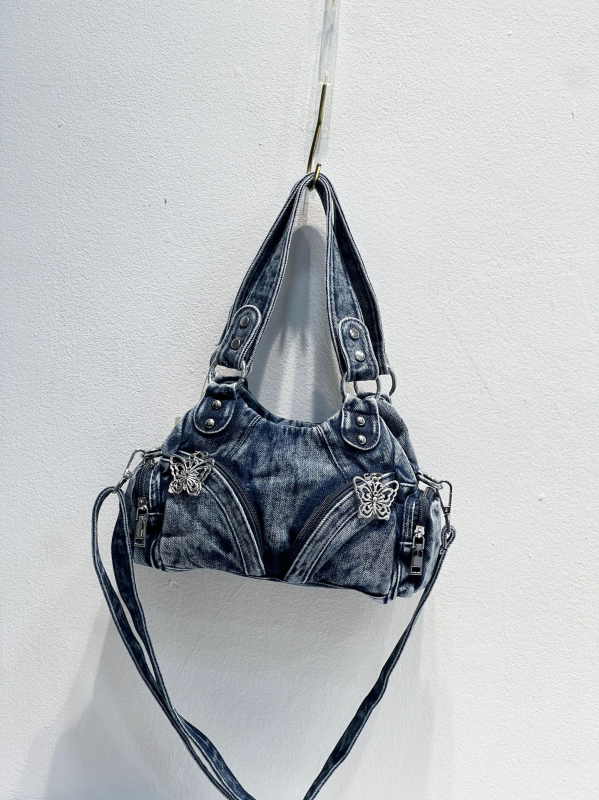 Denim torba dumpling, vodoravni kvadratnog oblika, zatvaranje na zip, unutarnja džep sa zipom i džep za telefon
