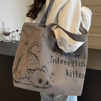 Платнена Tote чанта за жени, ежедневна и практична, голям капацитет, цип за затваряне, хоризонтална квадратна форма, полиестерова облицовка, джоб за мобилен телефон