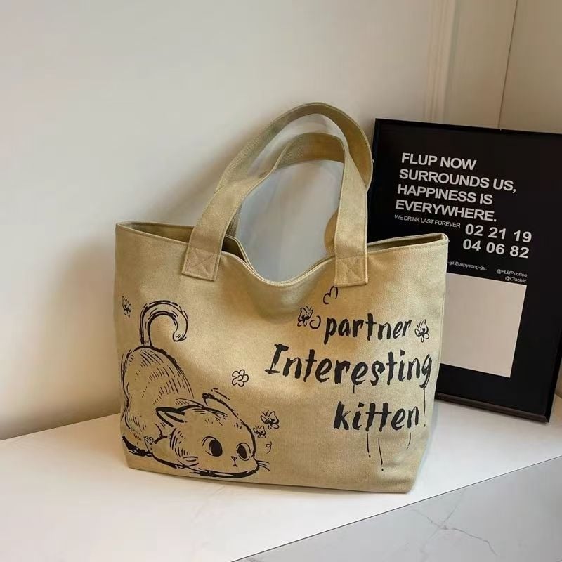 Платнена Tote чанта за жени, ежедневна и практична, голям капацитет, цип за затваряне, хоризонтална квадратна форма, полиестерова облицовка, джоб за мобилен телефон