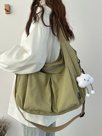 Női tote válltáska, könnyű, nagy kapacitású, nylon anyagú, városi egyszerű stílus, vízszintes négyzetes forma, cipzáras zárás