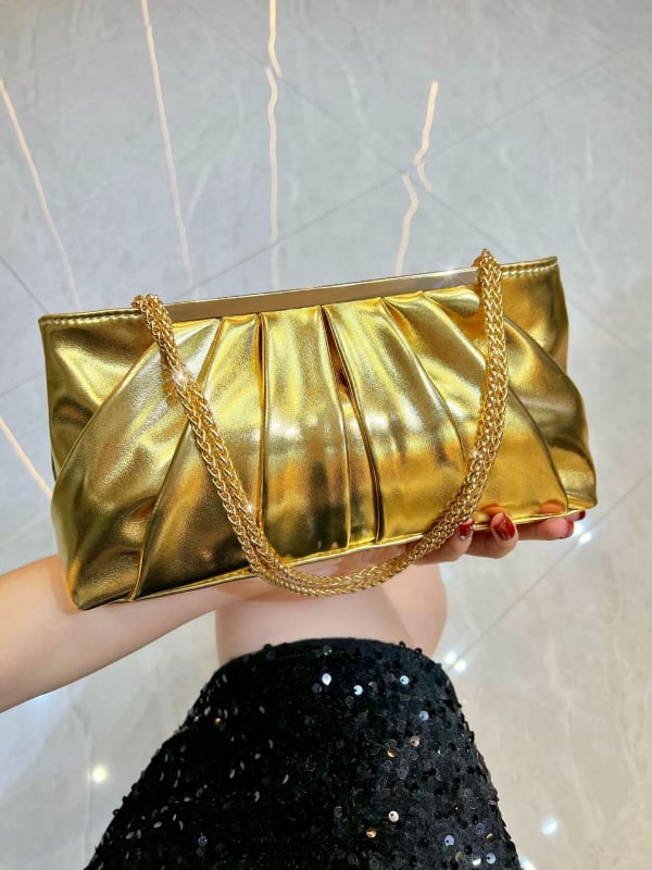 PU večernja clutch torbica s lancem, plisirana, vodoravno četvrtastog oblika, unutarnji džepovi za telefon i dokumente