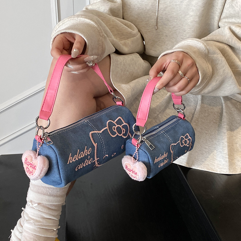 Denim macskás hengeres válltáska cipzárral, poliészter bélés, egy vállpánt, mindennapi használatra